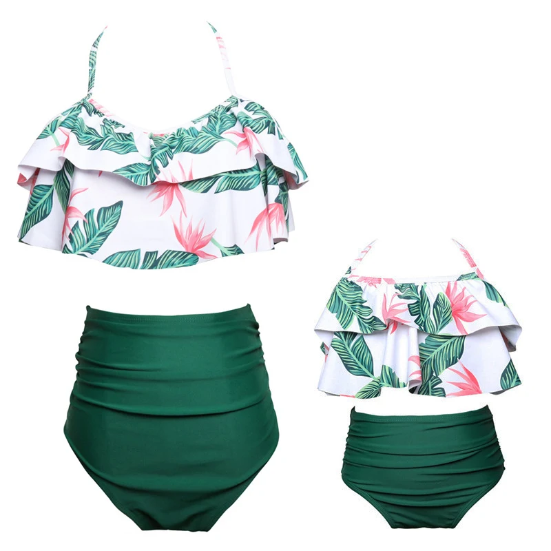

Newly Parent-child Printing High Waist Swimsuit Ruffle Bikini Set for Mother Daughter BFE88