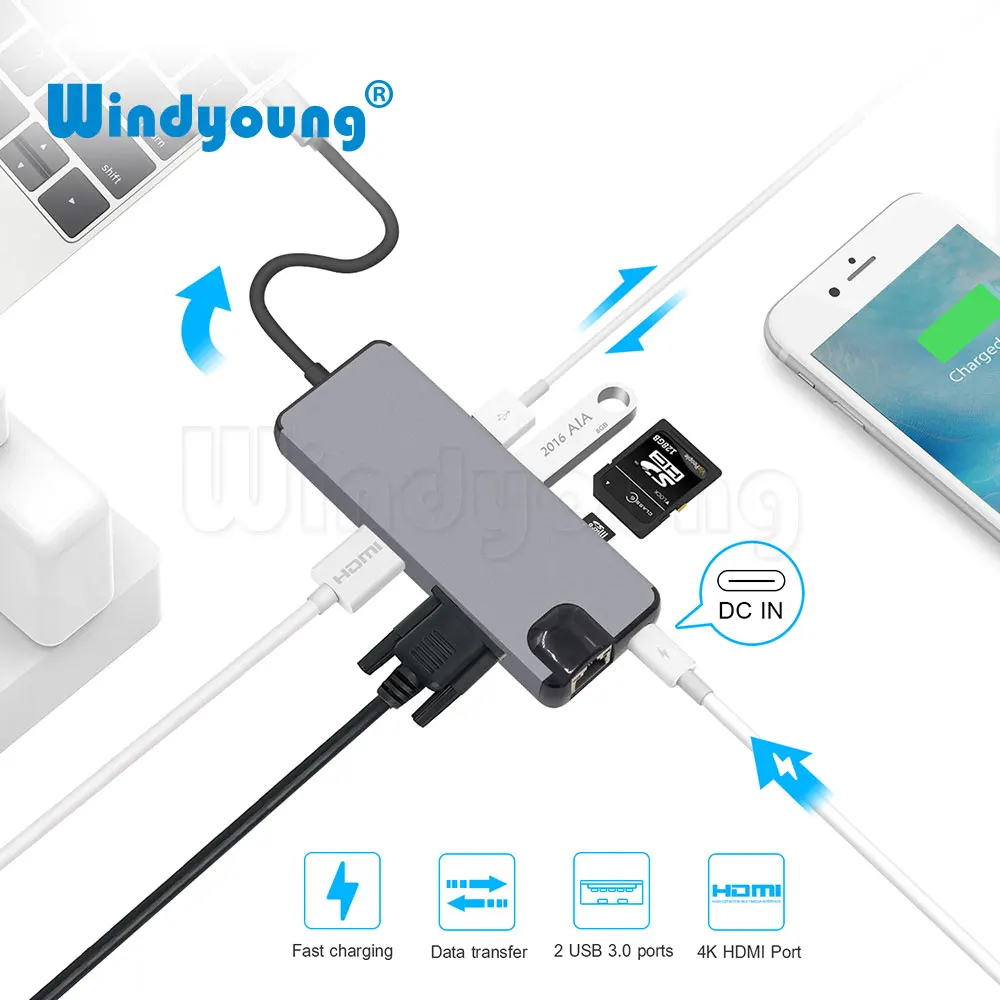 8 en 1 USB C a HDMI Hub 4 K Video RJ45 Gigabit Ethernet adaptador VGA USB-C Centro SD TF lector de tarjetas para Macbook Pro Huawei MateBook - 1