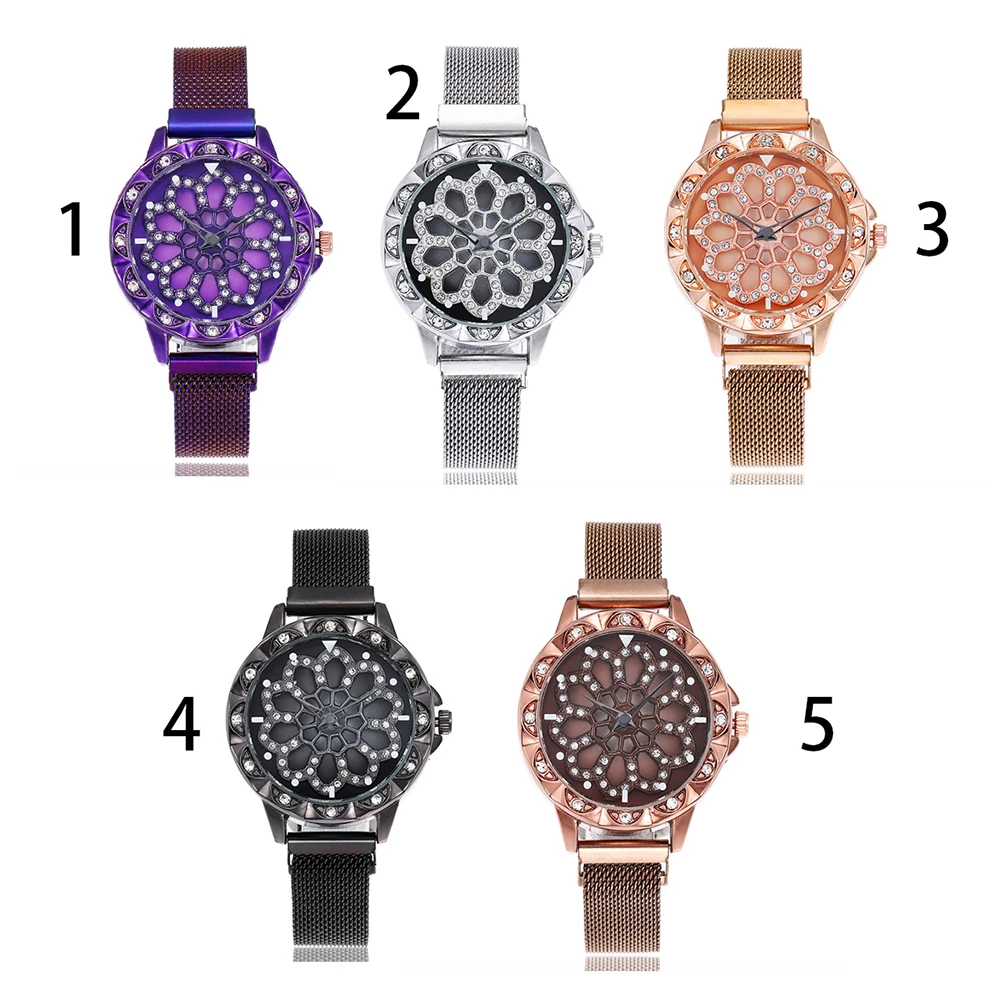 

Women 360 Degree Rotation Alloy Watch Dial Starry Sky Wristwatch Rhinestone Hollow Out Decoration Geometric Quartz Watches