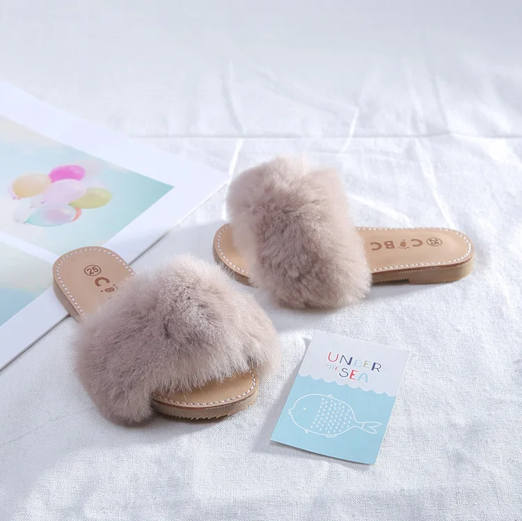 New Spring Plush Slippers Girls Slippers Real Rabbit Fur Shoes Open Toe Slippers All-match Childrens Shoes Summer Home Slippers