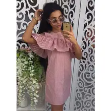 Summer Women Causal Striped Dress Ruffles Cold Shoulder Sexy Bodycon Summer Short Mini Dress Plus Size LJ9215M