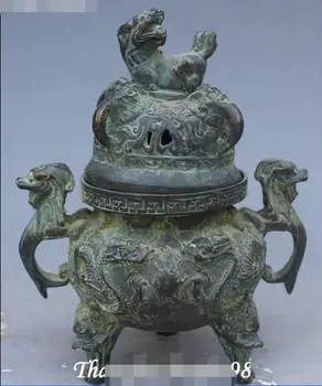 

Marked Old Chinese Bronze Dragon 3 Lion Foot Incense Burner Censer Incensory