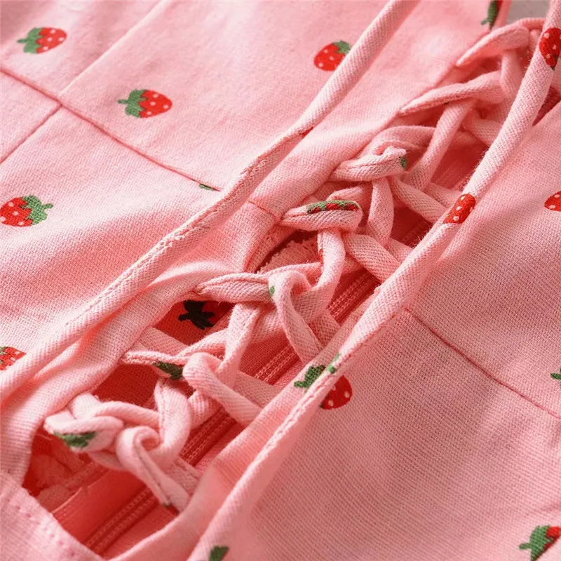 Летнее женское милое платье на шнуровке с v-образным вырезом, клубничным принтом, без рукавов, с оборкой, с цветочным принтом, розовое мини-платье на бретельках