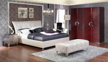 

designer modern real genuine leather bed / soft bed/double bed king size bedroom bed+ 2 night stands+ stool+ 4-door wardrobe