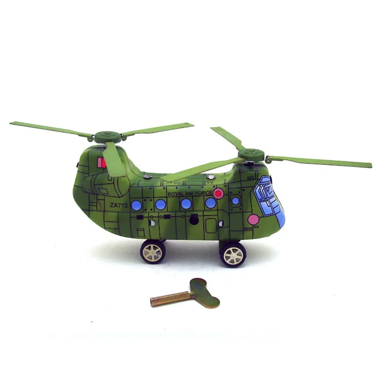 

[Best] Adult Collection Retro Wind up toy Metal Tin Twin-screw military helicopter transport plane Clockwork toy vintage toy