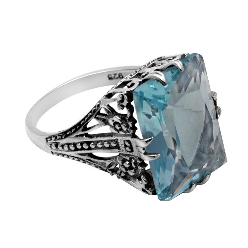 Szjinao 925 Sterling Silver Rings for Women Fashion Aquamarine Ring Frame Flowers Antique Wedding Ring