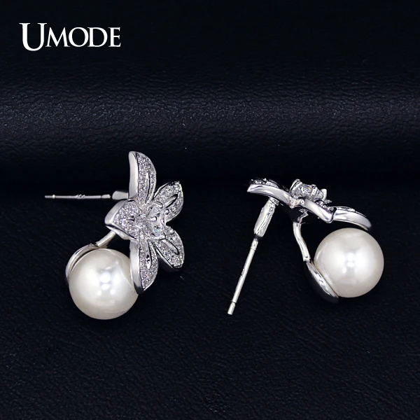 UMODE 2016 High Quality Simulated Pearl With Tiny AAA CZ Cubic Zirconia Flower Earrings Christmas Gift Jewelry UE0134