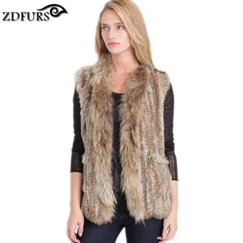 

2016 Genuine Rabbit Fur Fur Vest Gilet/waistcoat with Raccoon Dog Fur Collar Trim Women Knitted Fur Gilets Pocket 2 Colors