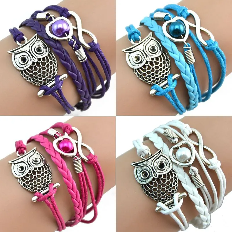 

2018 Bracelets Sexy Fashion 4 Color Jewelry Infinity Owl Pearl Multilayer Charm Leather Bracelets Gift Beautiful Accessories
