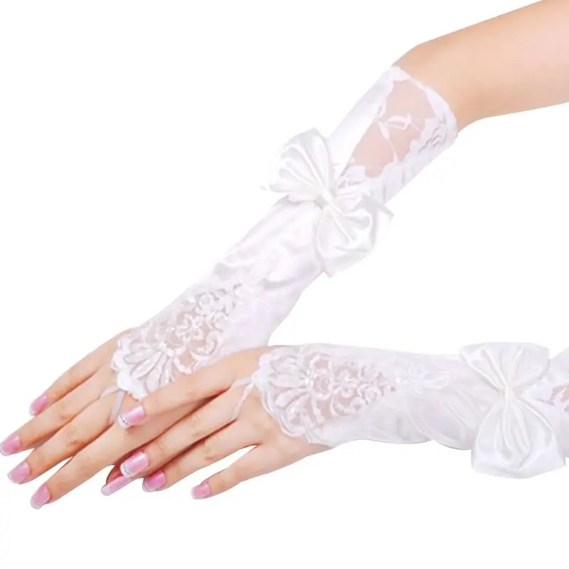 Женские свадебные длинные перчатки без пальцев кружева пэчворк искусственный с перламутровым блеском блестки рукавицы бант длина крюк пальчиковые грелки