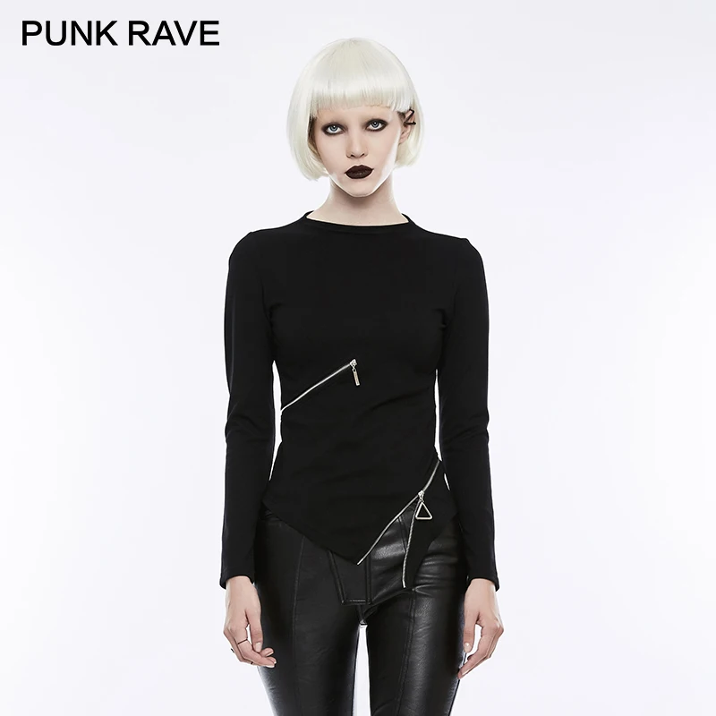 

PUNK RAVE Gothic Waist Zipper Stand-collar Black Tops Stretch Knitted Women Punk Rock T-shirt Long Sleeve Crop Tops Shirt