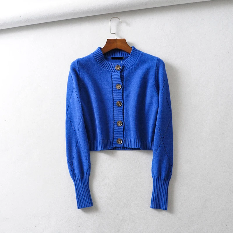 Осенний Повседневный Женский однотонный короткий вязаный кардиган с круглым вырезом, Женский винтажный однотонный однобортный свитер - Цвет: blue