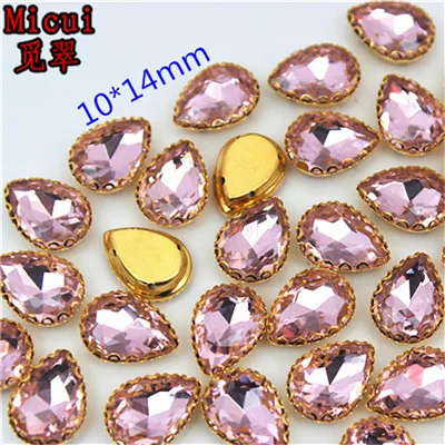 Micui 30 шт., стеклянные стразы смешанной формы для пришивания с золотыми медными кристаллами, стразы для пришивания, блестящие стразы для одежды MC736 - Цвет: 10x14mm Pink