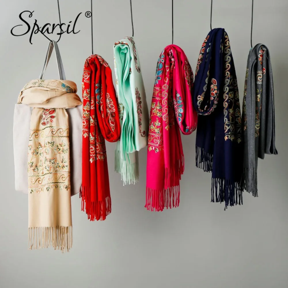 

Sparsil Women Thick Cashmere Scarf National Colorful Plant Embroidery Shawl 200x70 Autumn Winter Warm Soft Tassel Long Scarves