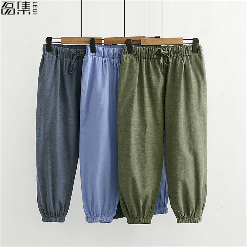 

Cotton Linen Pants Calf-Length plus size Casual Women Loose Elastic Waist Pockets Summer spring Trousers