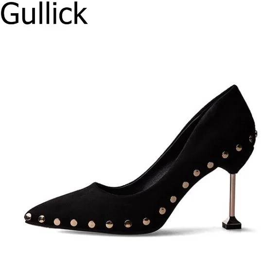 

Women Solid Black Red Flock Leather Pump Sexy Pointed Toe Slip On Shallow Dress Shoes Gold Rivets Decoration High Heel 8cm Shoes
