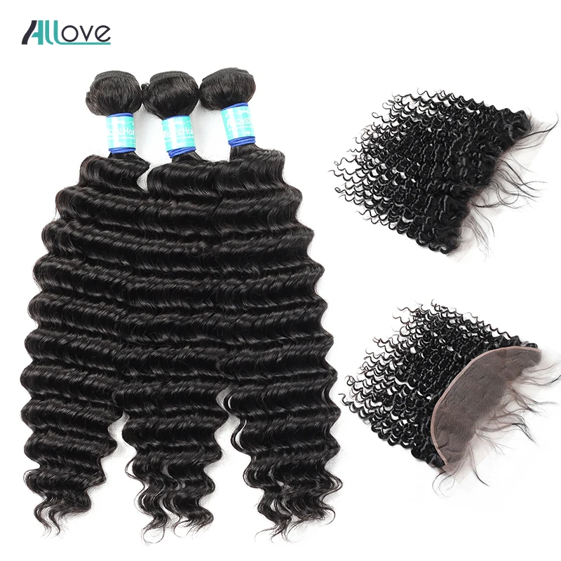 

Allove Brazilian Deep Wave Bundles With Frontal 13X4 Inch Lace Frontal With Bundles 3Pcs Remy Human Hair Bundles With Frontal