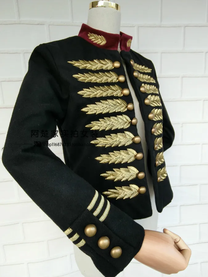Finest  Womens Coat Gold Embroidery Jacket Stand Collar Military Court Cotton Outwear Black Slim Fit Coats 