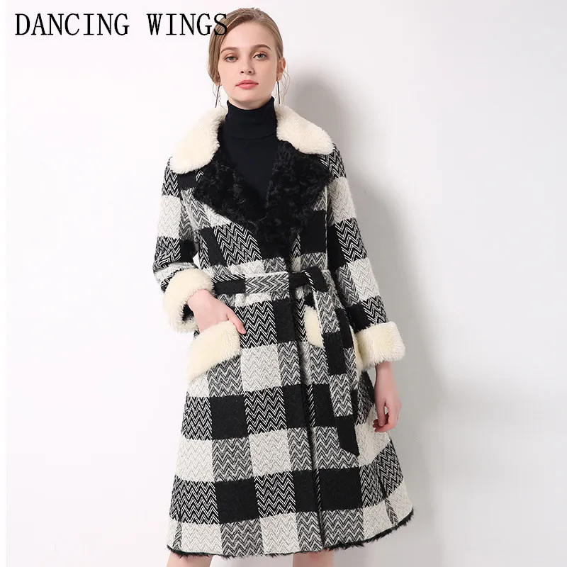 

Women Winter Fashion Real Wool Fur Liner Long Tweed Jacket Ladies Natural Lambs Fur Collar Plaid Coats Warm Overcoats Feminino