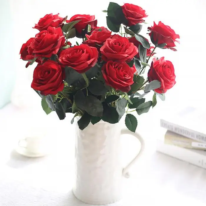 Высокий искусственный цветок поддельные розы 10 головок дома Свадебные украшения UEJ