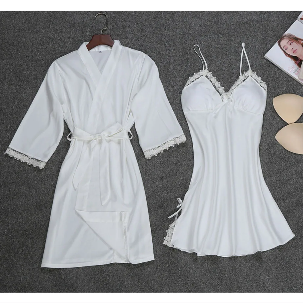 New Women Ladies Sexy Silk Satin Dress Bathrobe Nightgown Sets Lace Kimono Pajamas Lingerie Sleepwear chemise de nuit femme - Цвет: White