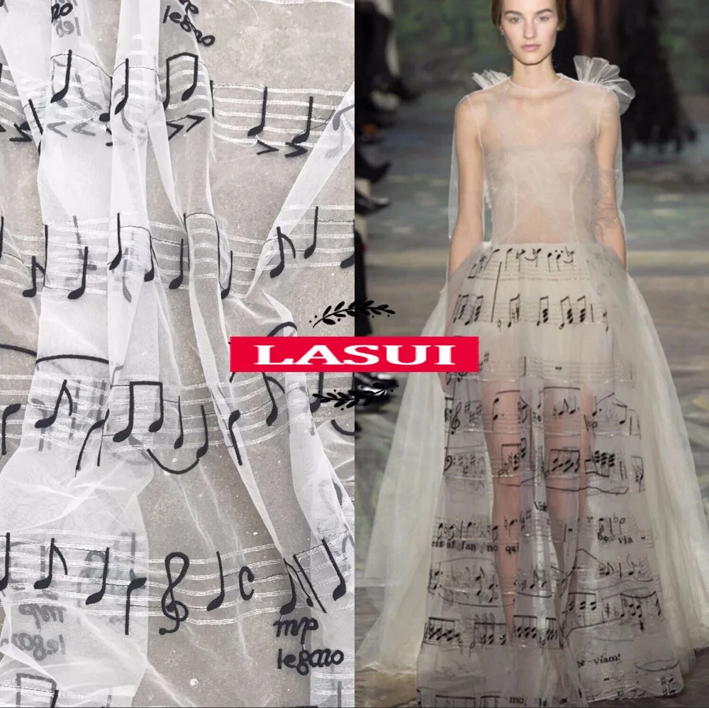 

LASUI 1y/1 lot New Musical symbol Music score embroidered soft mesh lace fabric DIY fashion clothing dress fabric custom X0367