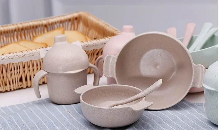 Японский набор посуды из пшеничной соломы и волокна, Защита окружающей среды, детская миска для рисового супа, ложка, вилка, чашка, набор посуды