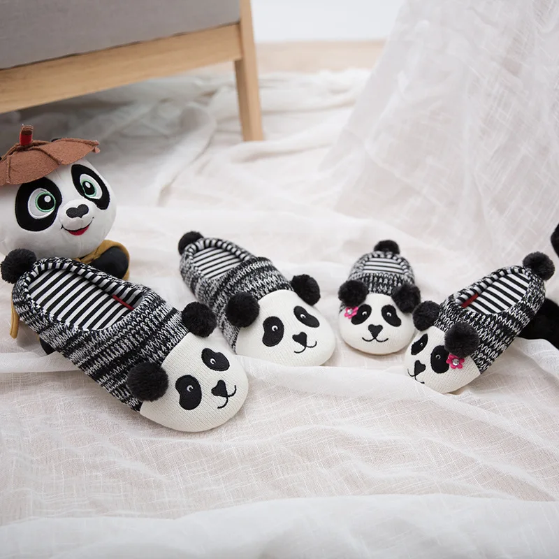 XiaoKaiXin/зимние теплые тапочки с милым животным пандой; домашние тапочки для мужчин, женщин и детей; нескользящая домашняя обувь из трикотажного хлопка и резины