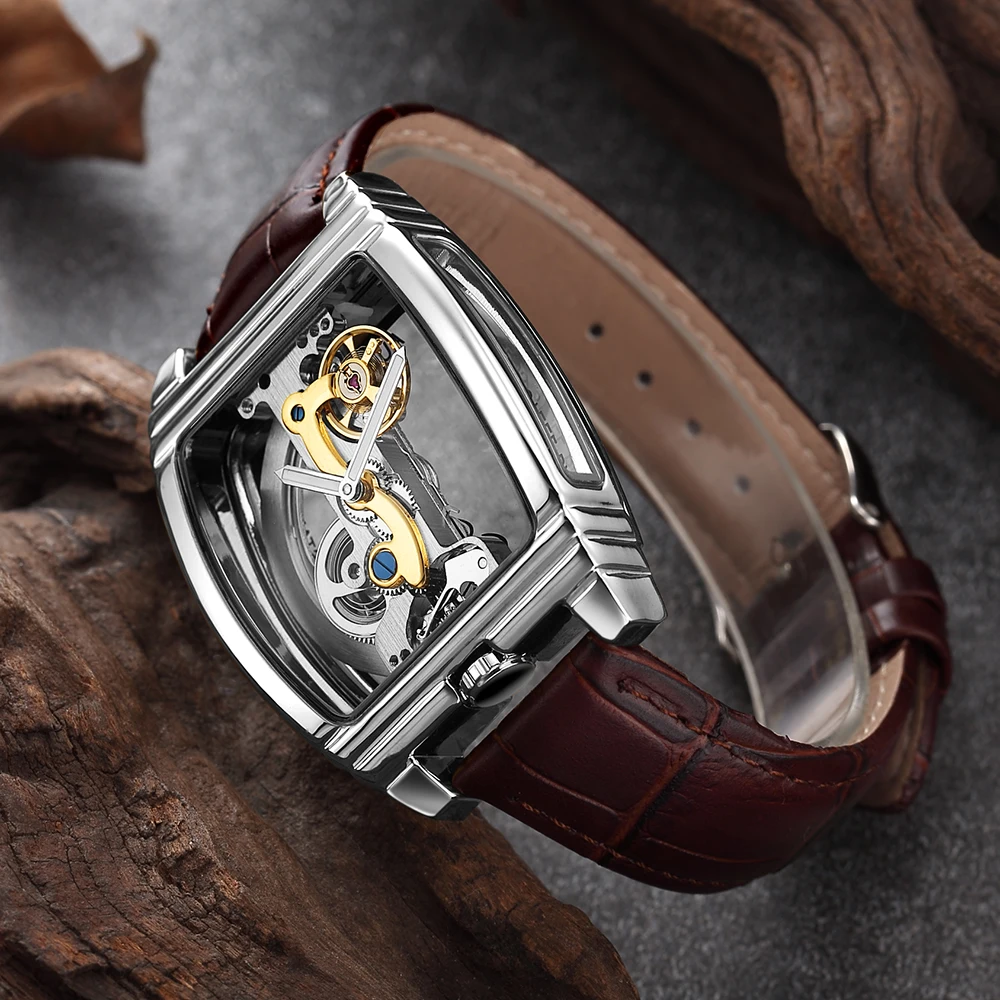 Automatic Mechanical Watch Men Steampunk Skeleton Self Winding Leather Watch montre homme