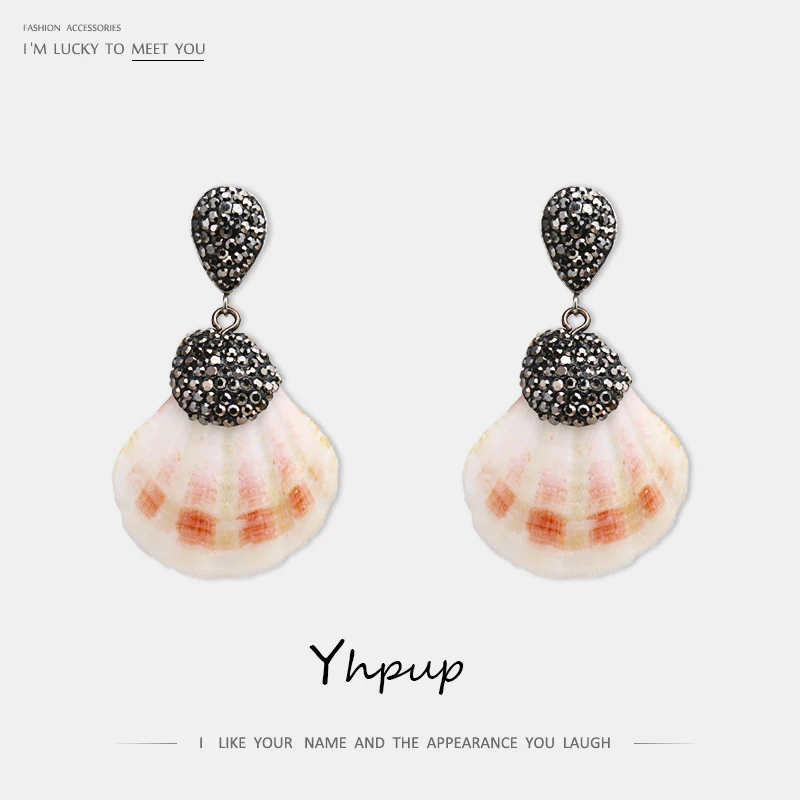 

Yhpup Trendy Summer Geometric Natural Shell Dangle Earrings Personality Black Rhinestone Crystal for Women Pendants Jewelry Gift