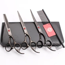 Z3003 4Pcs Set 7'' Black Steel Comb + Cutting Shears + Thinning Scissors +UP Curved Shears Professional Pets Hair Scissors Suit h3102 u4pcs set 7 kasho hairdresser for dog comb cutting thinning up curved shears professional pets scissors clippers for dogs