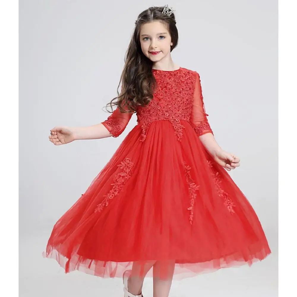 Роскошное бальное платье на молнии, Аппликация из бисера, красные, белые платья с цветами для девочек, Тюлевое детское платье для первого причастия, вечерние платья - Цвет: Red