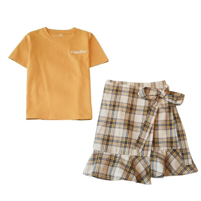 

DFXD 2018 Summer Children Clothing Set Girls Short Sleeve O-neck T-shirt+Plaid Bowknot Skirt 2pc Kids Princess Outfits 3-10Years