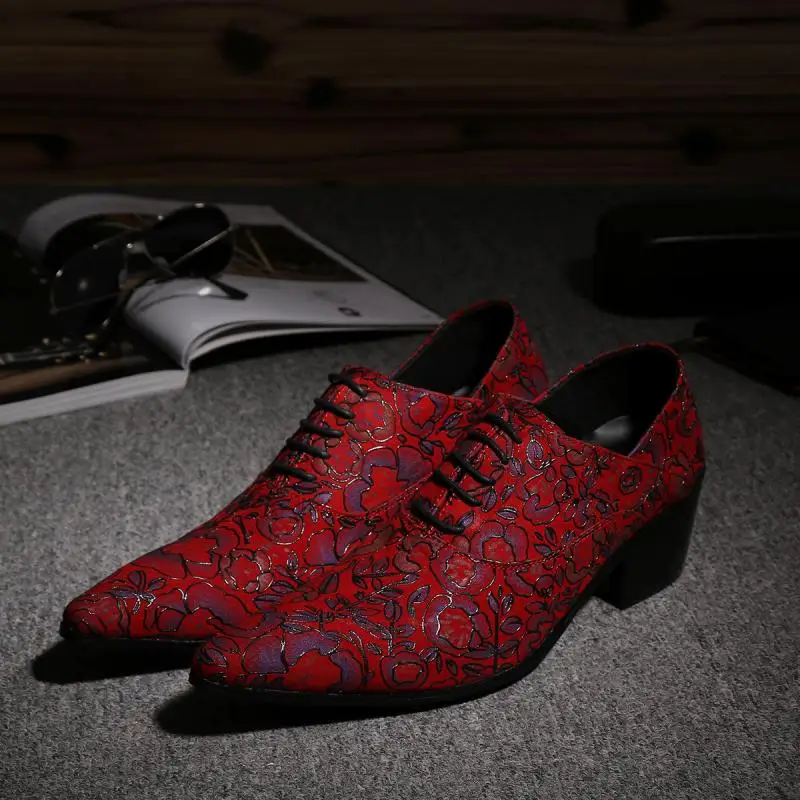 

New Fashion Floral Printing Leather Men Red Shoes Party Men Formal Shoes Lace Up Mens Dress Shoes