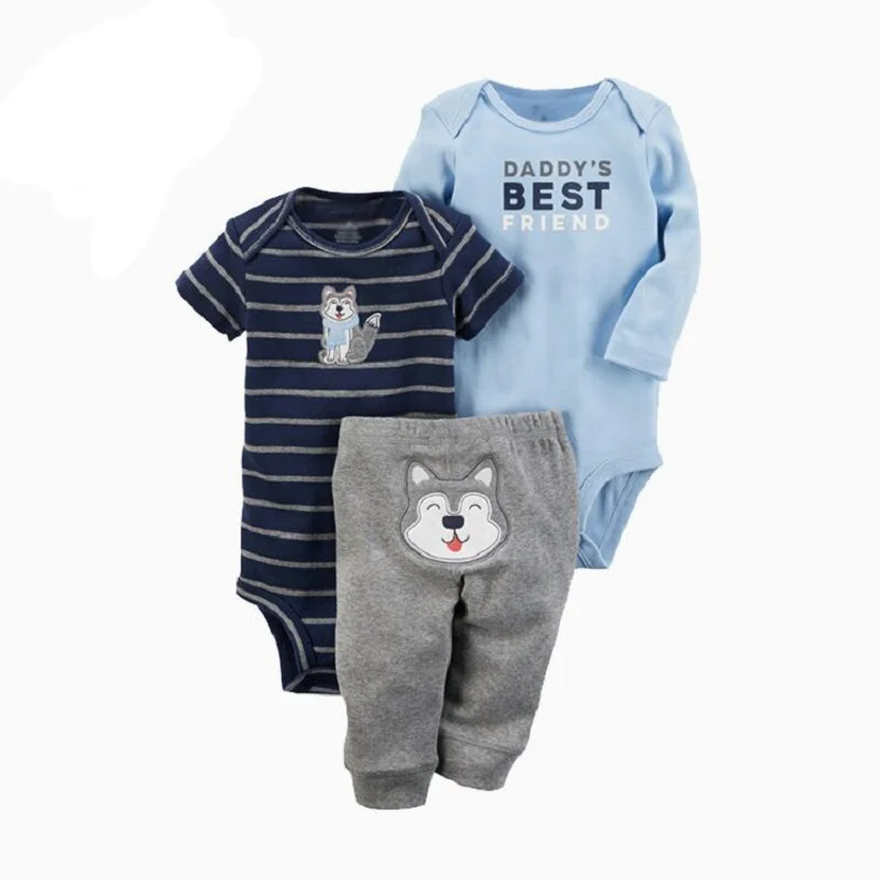 

Newborn Spring Clothes Set 3pcs Cute rompers Long Sleeve Deer Wolf Pattern Infant romper Autumn Baby pant short sleeve clothing