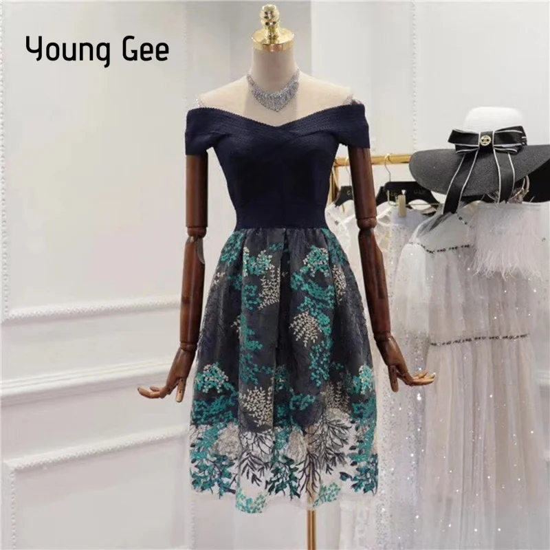 

Young Gee Women's Off The Shoulder Midi Bandage Dress Summer Sexy Elegant Lady Bodycon Floral Embroidery Party Dresses vestido