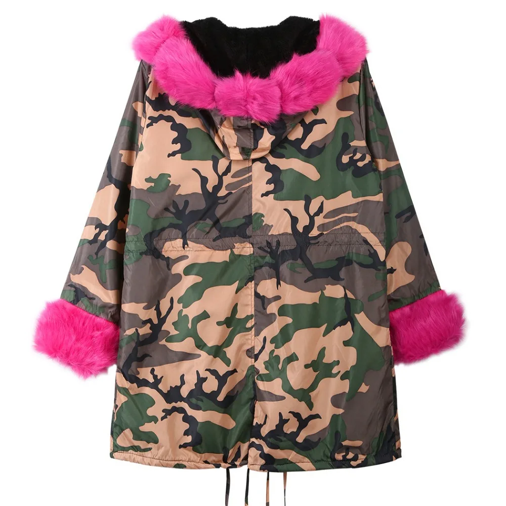 Épais Chaud Fourrure Pink D'hiver 2018 Manteau Fausse Parkas Col Automne Capuchon Parka Femmes Hot Outwear De Plus Camouflage En À La Pardessus Militaire Taille wUgZqcx7za