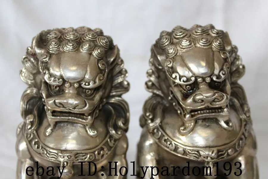 

Pair Chinese Home Fengshui Silver Guardian Lion Foo Fu Dog Male Female Statue