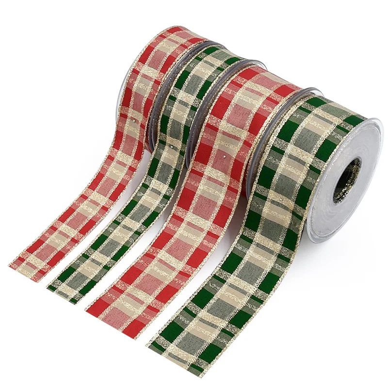 

5Yards 25/40mm Polyester Christmas Grid Ribbon Tape For Needlework Craft Decarotions Iron Wire Edge Ribbons Handcraft DIY Bow