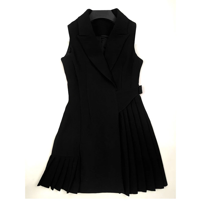 

High QUALITY Newest 2018 Designer Runway Dress Women's Sleeveless Pleated Wrap White Black Elegance Lady Office Work Dresses