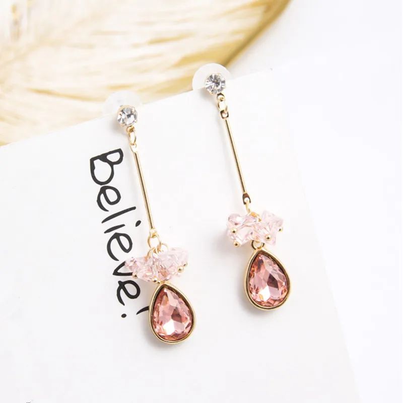 

2018 Korean New Pink Crystal Beaded Pearl Earrings Long Water Drop Rhinestone Pendant Dangle Earrings for Women Jewelry 5I2018