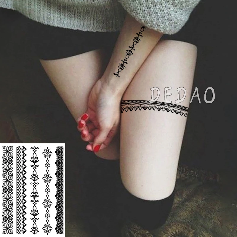 Водонепроницаемые временные татуировки наклейки с поддельными татуировками сексуальные кружева линии татуаж хной флеш-тату ноги