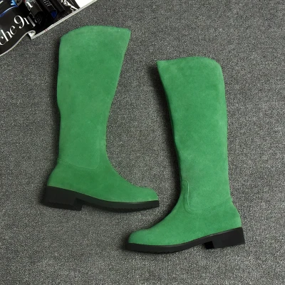 TIMETANG/женские ботинки; винтажные сапоги до колена из натуральной кожи с круглым носком; женская обувь ручной работы на Плоском Каблуке; сезон зима - Цвет: Green