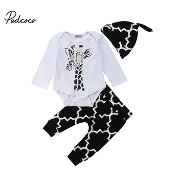 

Hot Kids Clothes Newborn Baby Unisex Cotton Long Sleeve Top Bodysuit Pants Baby Hat Giraffe Children Clothing Set Casual 0-18M