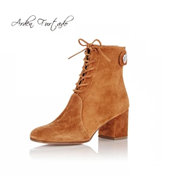 

Fashion women's shoes winter 2019 lace up high heels elegant pointed toe brown women's boots short boots chunky heels