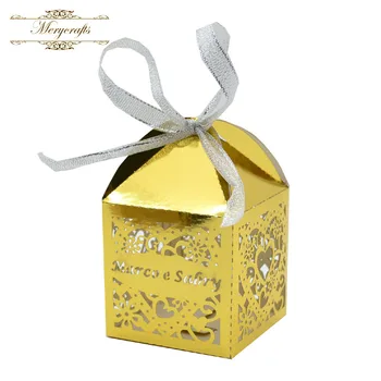 

Gold laser cut love heart wedding return gift favor boxes