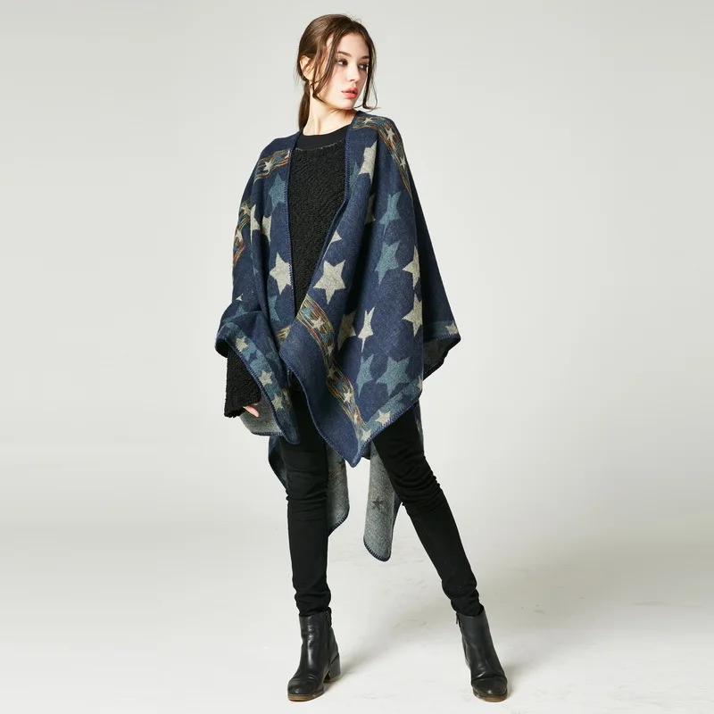 Новая женская шаль из искусственного кашемира со звездами и цветными полосками, длинная импортная шаль, утолщенный шерстяной шарф-воротник
