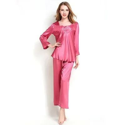 

New Women Fashion Pajamas Set V-Neck Long Sleeve Sexy Lace Trim Pajamas Spring Autumn Nightwear Soft Faux Silk Satin Homewear