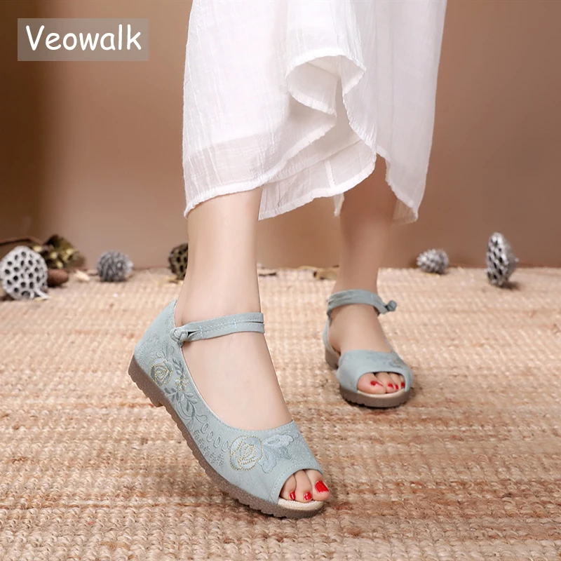 

Veowalk Flower Embroidered Women Casual Canvas Peep Toe Flat Sandals Summer Ladies Comfort Cotton Platform Shoes sandials mujer
