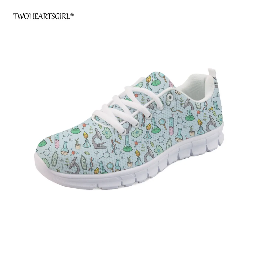

Twoheartsgirl Spring Summer Women Flats Fashionable Science Equipment Pattern Mesh Lace Up Shoes Breathable Ladies Sneakers